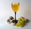 glass of wine, grape and shells glass of wine, grape and shells