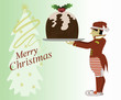Santa's elf holding a Christmas pudding.