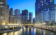 Chicago skyline along the river just after sunset Chicago skyline along the river just after sunset
