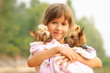 Girl with two  yorkshire terriers