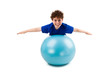 Active boy exercising on white background