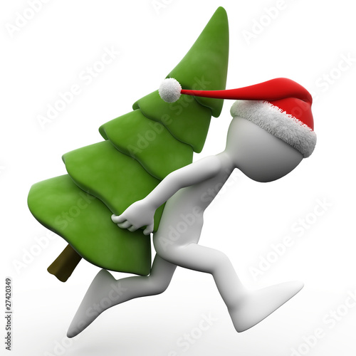 Illustration: 3D human running with a Christmas tree 3D human running with a Christmas tree
