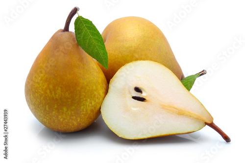 Photo: Yellow sliced pears with green leaf isolated Yellow sliced pears with green leaf isolated