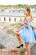 Fashion girl urbex location blue polka dress