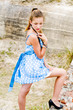 Fashion girl urbex location blue polka dress