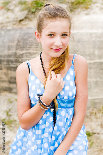 Photo: Fashion girl urbex location blue polka dress Fashion girl urbex location blue polka dress