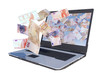 laptop with euro bills flying out screen