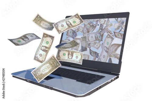 Illustration: laptop computer with dollar bills flying out screen laptop computer with dollar bills flying out screen