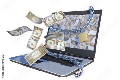 Illustration: laptop computer screen with lock and chains laptop computer screen with lock and chains