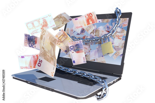 Illustration: laptop with euro bills flying out screen laptop with euro bills flying out screen
