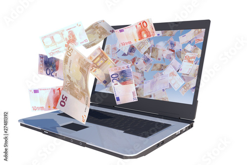 Illustration: laptop with euro bills flying out screen laptop with euro bills flying out screen