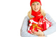 Young woman holding many gift boxes