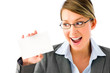 pretty woman with placard is excited