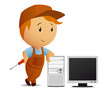 Cartoon serviceman with screwdriver rest on the computer