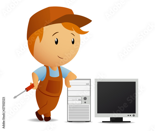 Vector: Cartoon serviceman with screwdriver rest on the computer Cartoon serviceman with screwdriver rest on the computer