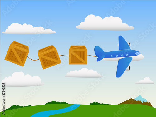 Vector: Cartoon plane in the sky with cargo wooden box and landscape Cartoon plane in the sky with cargo wooden box and landscape
