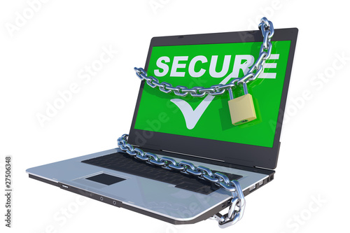 Illustration: laptop computer secured by lock and chains laptop computer secured by lock and chains
