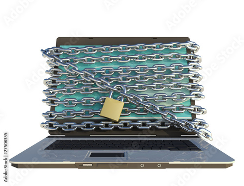 Illustration: laptop computer with lock and chains around screen laptop computer with lock and chains around screen