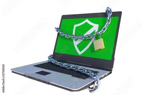 Illustration: laptop computer with lock and chains laptop computer with lock and chains