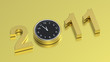 Gold sign of five minutes to new year on gold background.