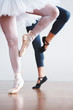 Two ballet dancer's legs practicing on floor