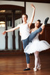 Two young ballet dancers practicing on wooden floor