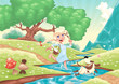 Young girl is running with dog in the nature. Young girl is running with dog in the nature.
