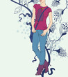 vector background with   hand drawn flowers and a fashion girl