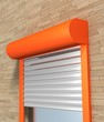 Window with rolling shutters system on the bricks wall