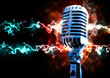 ilustracion de musica con microfono retro y explosion con rayos