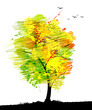 Autumn colored tree with birds.