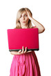 blonde in pink dress with laptop