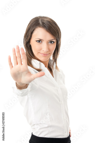 Foto: Happy successful gesturing businesswoman, isolated on white Happy successful gesturing businesswoman, isolated on white