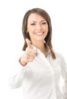 Happy smiling businesswoman with thumbs up gesture