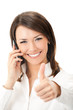 Happy businesswoman with cell phone and thumbs up, isolated Happy businesswoman with cell phone and thumbs up, isolated