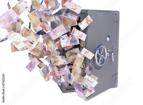 Illustration: euro bills flying out safe euro bills flying out safe