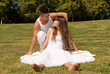 young couple happy sit grass white clothes, love relationship