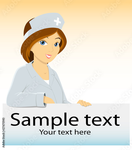 Vector: Cartoon medical nurse with advertising blank Cartoon medical nurse with advertising blank