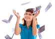 Banknotes of 500 euro are falling on red-haired girl Banknotes of 500 euro are falling on red-haired girl