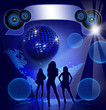 Disco Party on blue background with sexy girls shapes