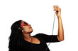 Enjoying music, ethnic girl with headphones and copy space
