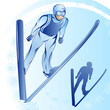 Stylized illustration of jamped skier on a blue background