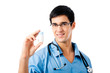 Happy doctor with drug, isolated on white background