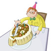 The fat man is cutting off the big piece of a pie The fat man is cutting off the big piece of a pie