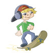 The boy is driving on a skateboard The boy is driving on a skateboard