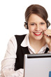 glücklich lachende Call center Frau telefoniert mit headset