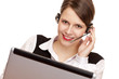 Telefonistin mit headset telefoniert freundlich mit Kunden