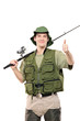 A happy fisherman with fishing pole giving thumbs up