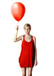 blonde in red dress with the balloon