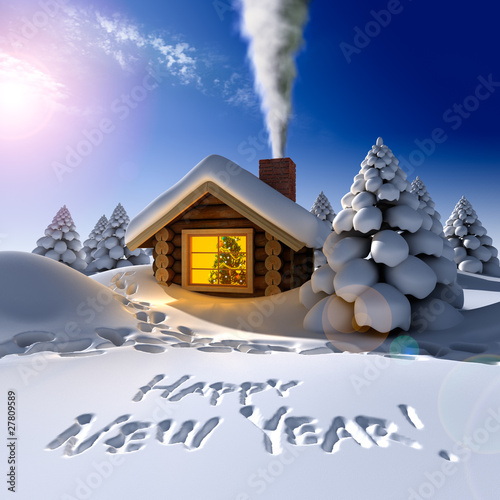 Foto: A small cottage in the fairy forest in snowy New Year's Eve A small cottage in the fairy forest in snowy New Year's Eve